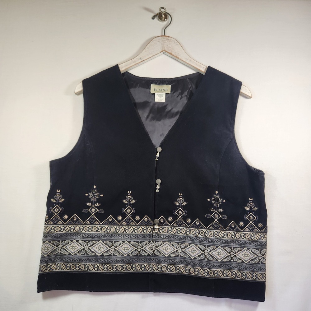 Elaine Womens Black Embroidered V-Neck Button Front Lined Vest Large‎ Boho